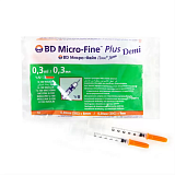 BD Micro-Fine Plus Demi Шприцы инсулиновые Микро-Файн Плюс 0,3 ml U-100 с итегр иглой 30 G, 10 штук