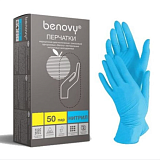 BENOVY Nitrile Chlorinated Перчатки нитриловые, текстурированные на пальцах, голубые, 3 гр, 50 пар